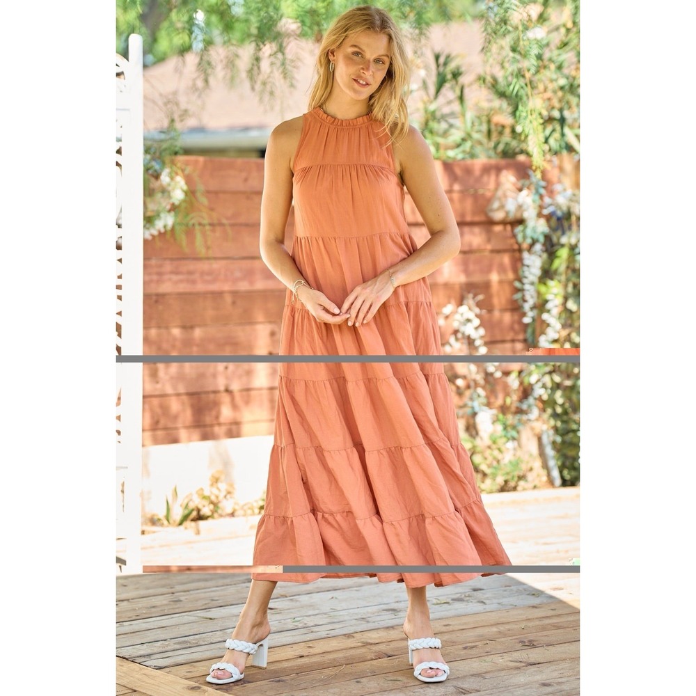 Entro‎ Mock Neck Orange Maxi Dress with Tiered Ruffle Design Women Size L